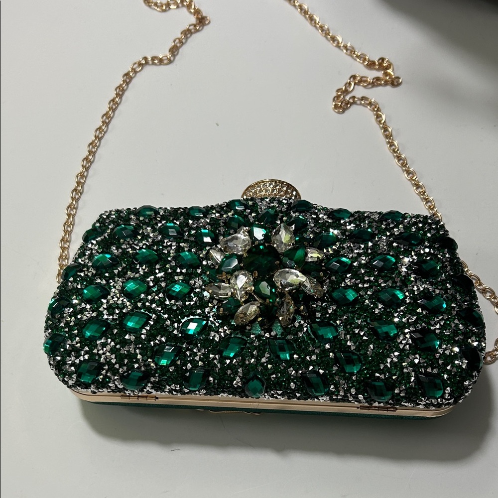 Emerald Crystal Evening Clutch with Gold Chain - Picture 12 of 16